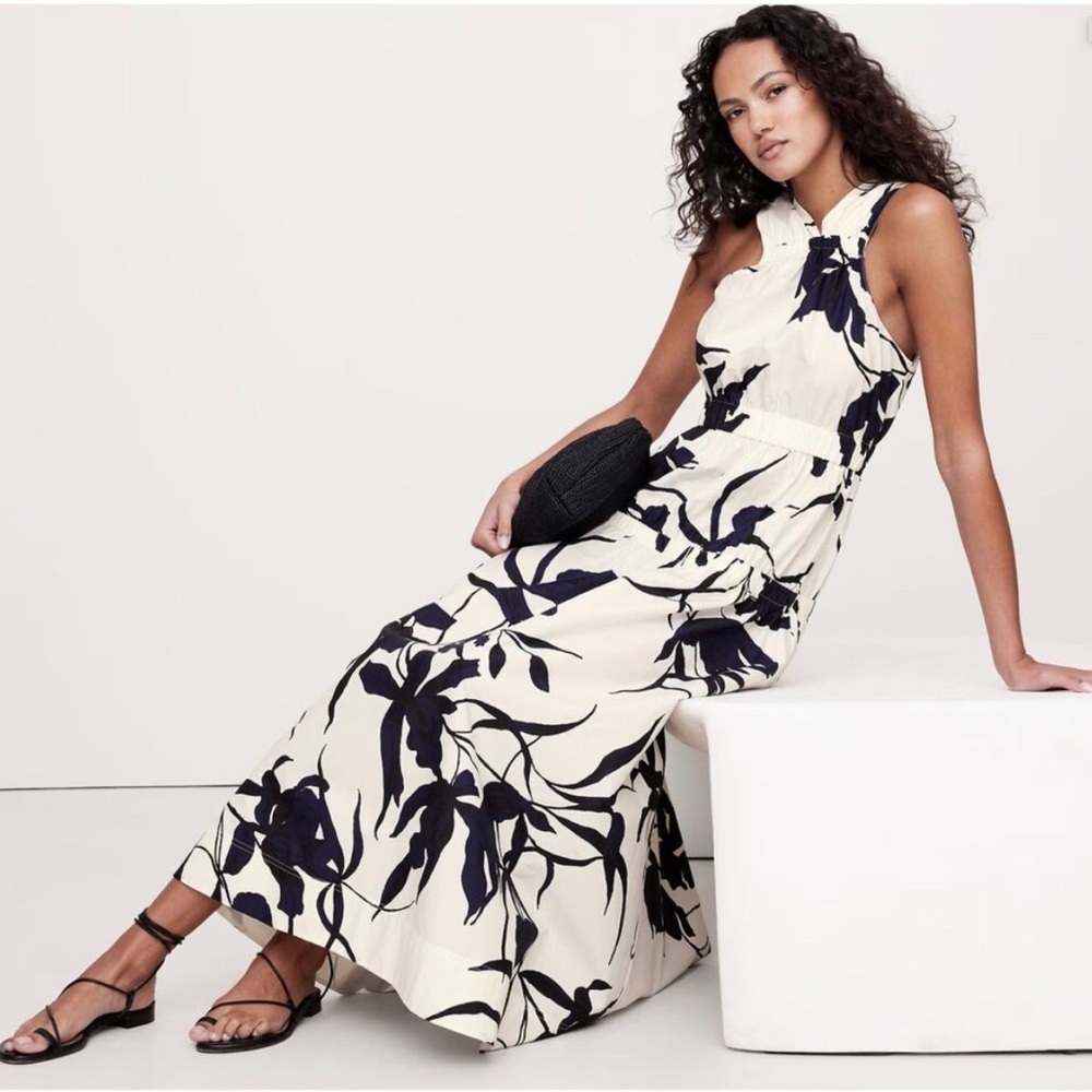 NWT! Banana Republic Floral Cotton Poplin Ruched Drop-Waist Maxi Dress - XL 🩰